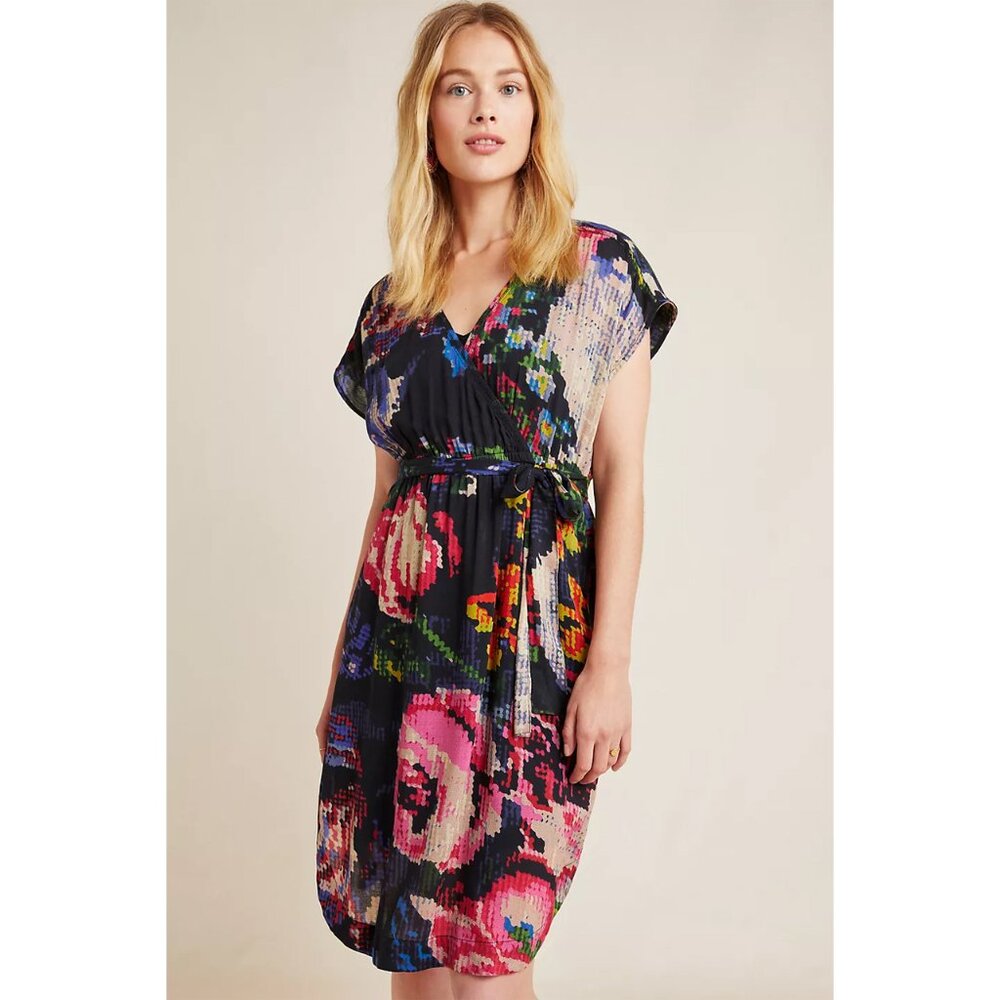 Anthropologie Astrid Needlepoint Floral Surplice Tie Waist Mini Dress - Picture 3 of 16